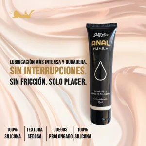 Banner de lubricante anal premium a base de silicona JenyLove, con mensaje “Sin fricción. Solo placer”